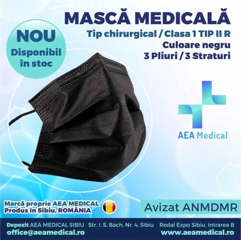 Masca faciala de uz medical de tip chirurgical Clasa 1 TIP II R /ambalare *1 Cutie 50 buc / marca proprie AEA MEDICAL produs in ROMANIA / SIBIU- AVIZ ANMDMR  RO /I /361 /863-culoare NEGRU
