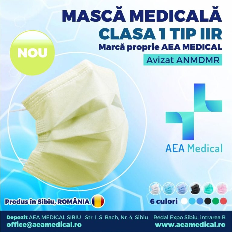 Masca faciala de uz medical de tip chirurgical Clasa 1 TIP II R /ambalare *1 Cutie 50 buc / marca proprie AEA MEDICAL produs in ROMANIA / SIBIU- AVIZ ANMDMR  RO /I /361 /863-culoare GALBEN