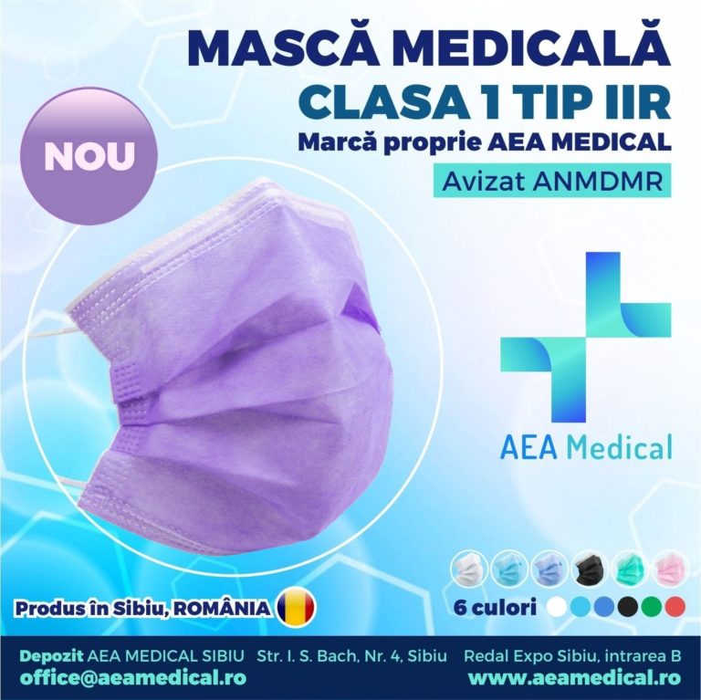 Masca faciala de uz medical de tip chirurgical Clasa 1 TIP II R /ambalare *1 Cutie 50 buc / marca proprie AEA MEDICAL produs in ROMANIA / SIBIU- AVIZ ANMDMR  RO /I /361 /863-culoare MOV